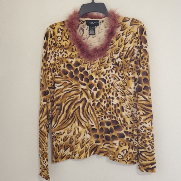 AUGUST SILK Animal print faux feather detail sweater Lg mob wives - Picture 5 of 7